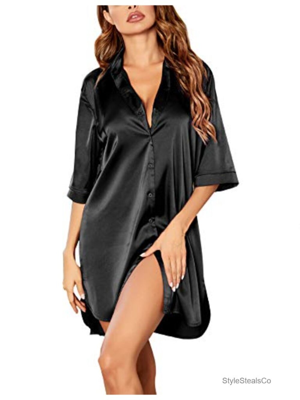 Satin Nightshirt Button Down Sleepshirt 3/4 Sleeve Nightgown Boyfriend Notch